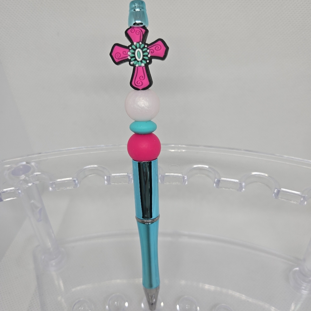 Pink Aztec Western Cross Bling and Beaded Pen- Black Ink